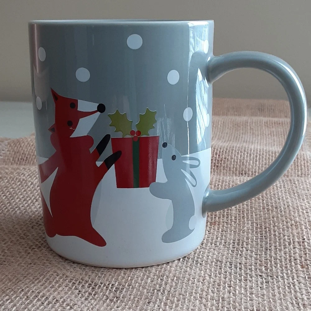 Crate & Barrel Winter Gift Fox Rabbit Snow Gray White Red 10 oz Ceramic